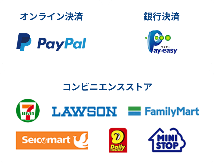 PayPal / Pay-easy / セブンイレブン / ローソン / ファミリーマート / セイコーマート / デイリーヤマザキ / ミニストップ